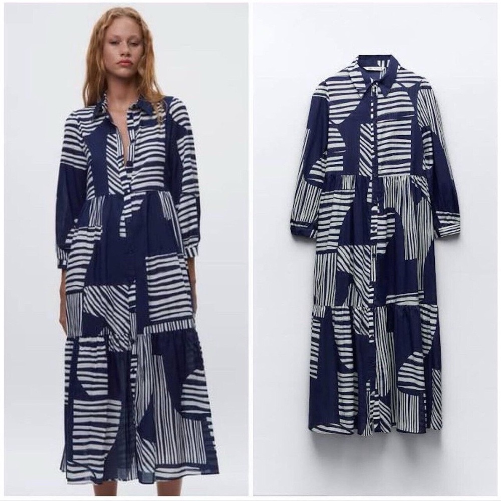 Zara Navy and White Geometric Midi Dress